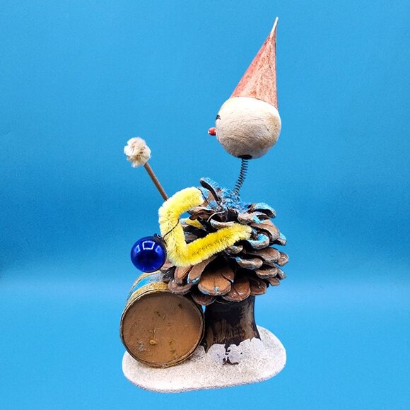 Vintage Bobblehead Elf Japan Pinecone Spun Cotton Foil Horn Mercury Glass 1950s - Picture 5 of 10